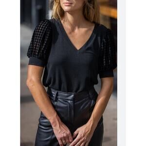 Amaryllis Textured Sheer Puff Sleeve‎ Blouse Top Women's Size XL Black